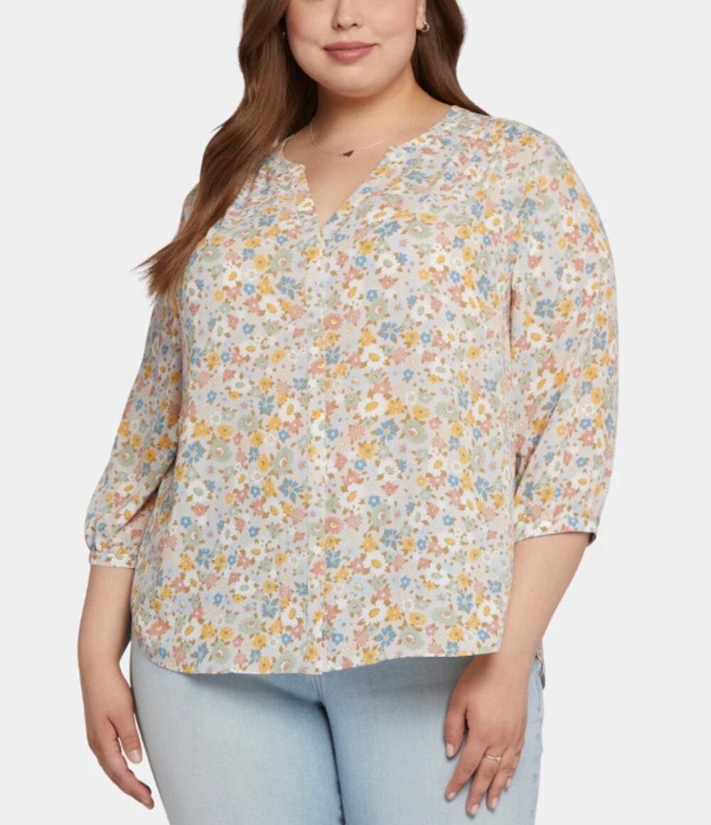 NYDJ Pintuck V-Neck Blouse Button Front 3/4 Sleeve Floral Angelonia Womens Sz M